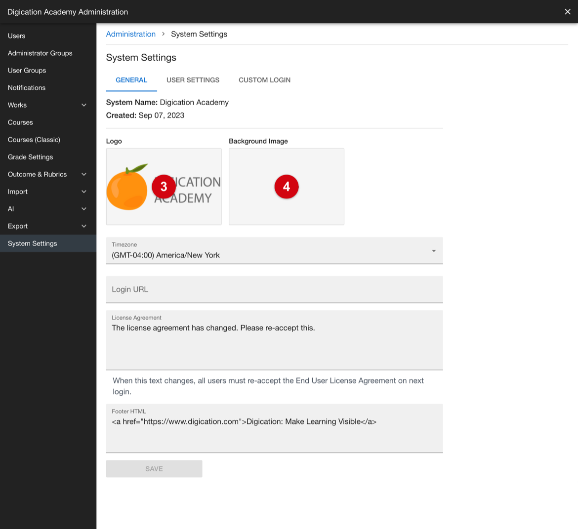System Settings showing the Logo and Background Image areas