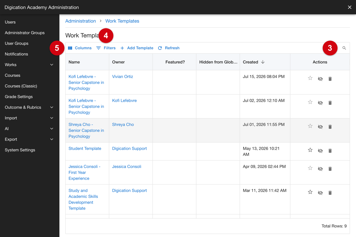 Work Templates list showing the search, Show filters, and Select columns controls