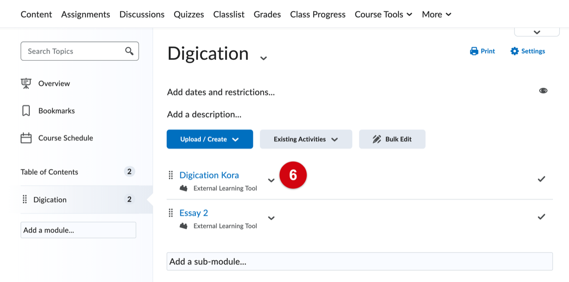 Brightspace module showing the Digication link as an External Learning Tool topic