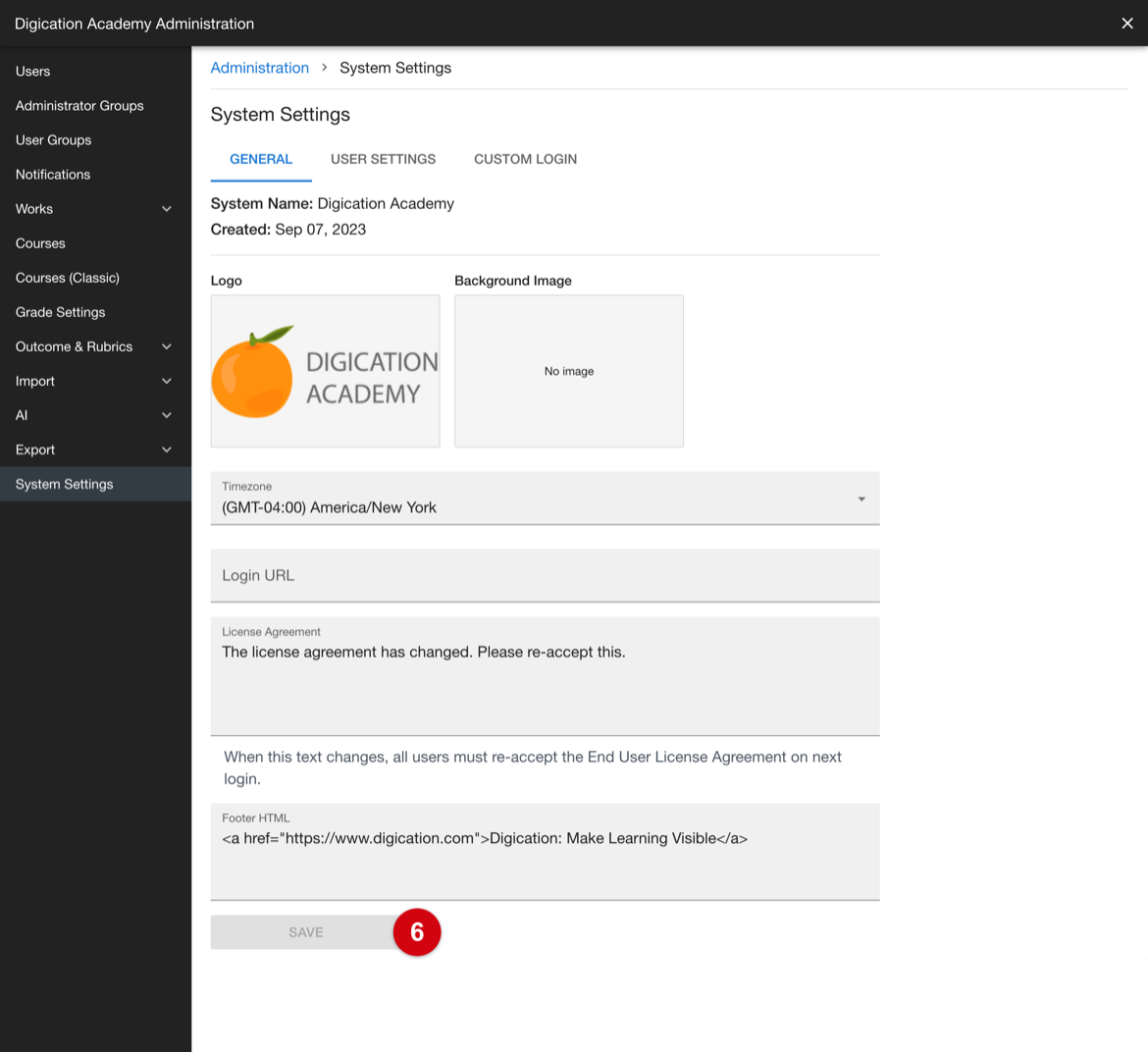 System Settings showing the Save control