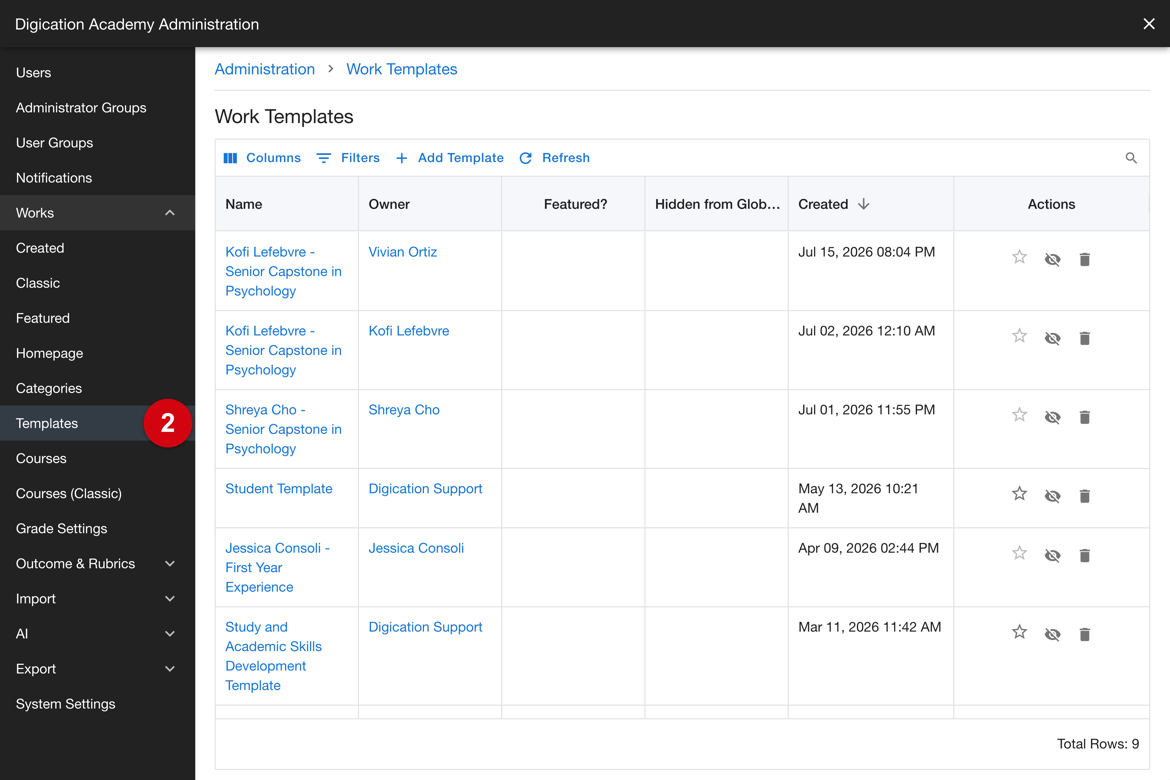 Work Templates list reached from Works, Templates in the sidebar
