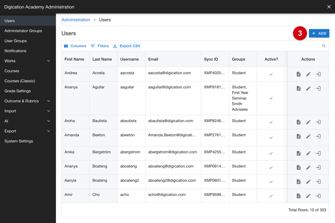 Users list with the Add control
