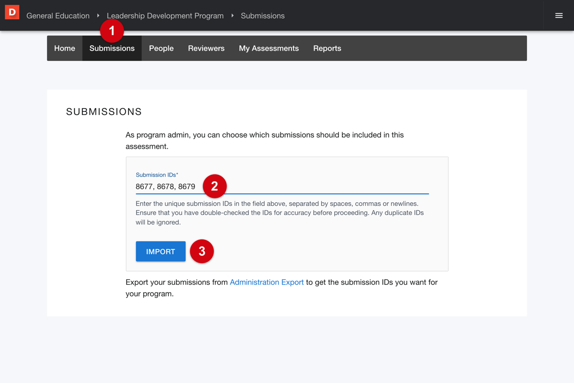 Program Submissions tab with the Submission IDs field and the IMPORT button