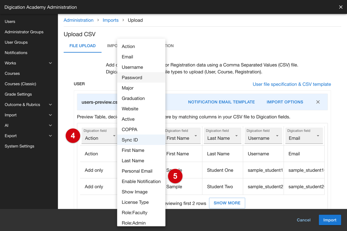Digication field dropdown open, listing the available column headers