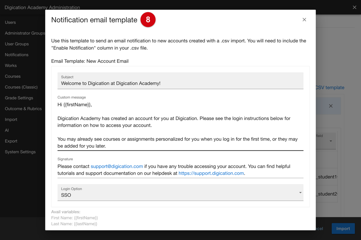 Notification email template window