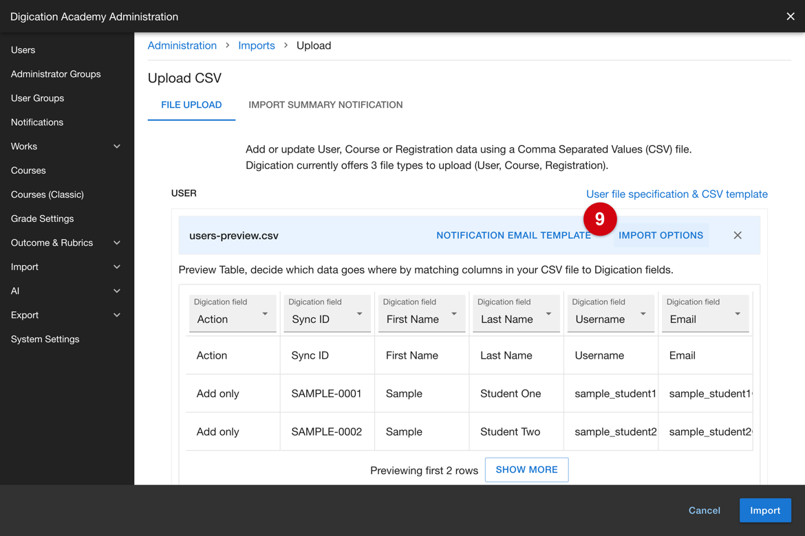 Import Options control on the uploaded file
