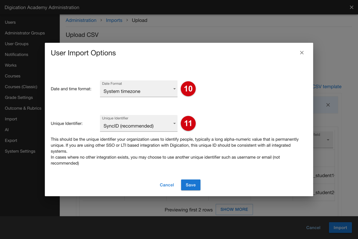 User Import Options: date and time format and unique identifier