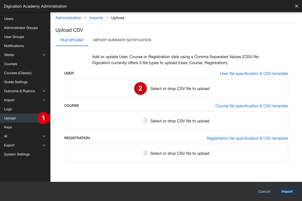 Administration sidebar with Import expanded and Upload selected, and the User drop area