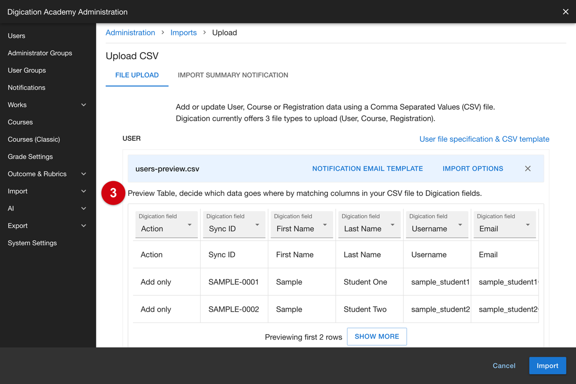 Preview of the first rows of the uploaded file