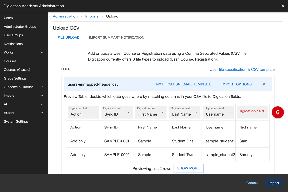 A column whose header does not match a Digication field, highlighted in red; Import stays disabled
