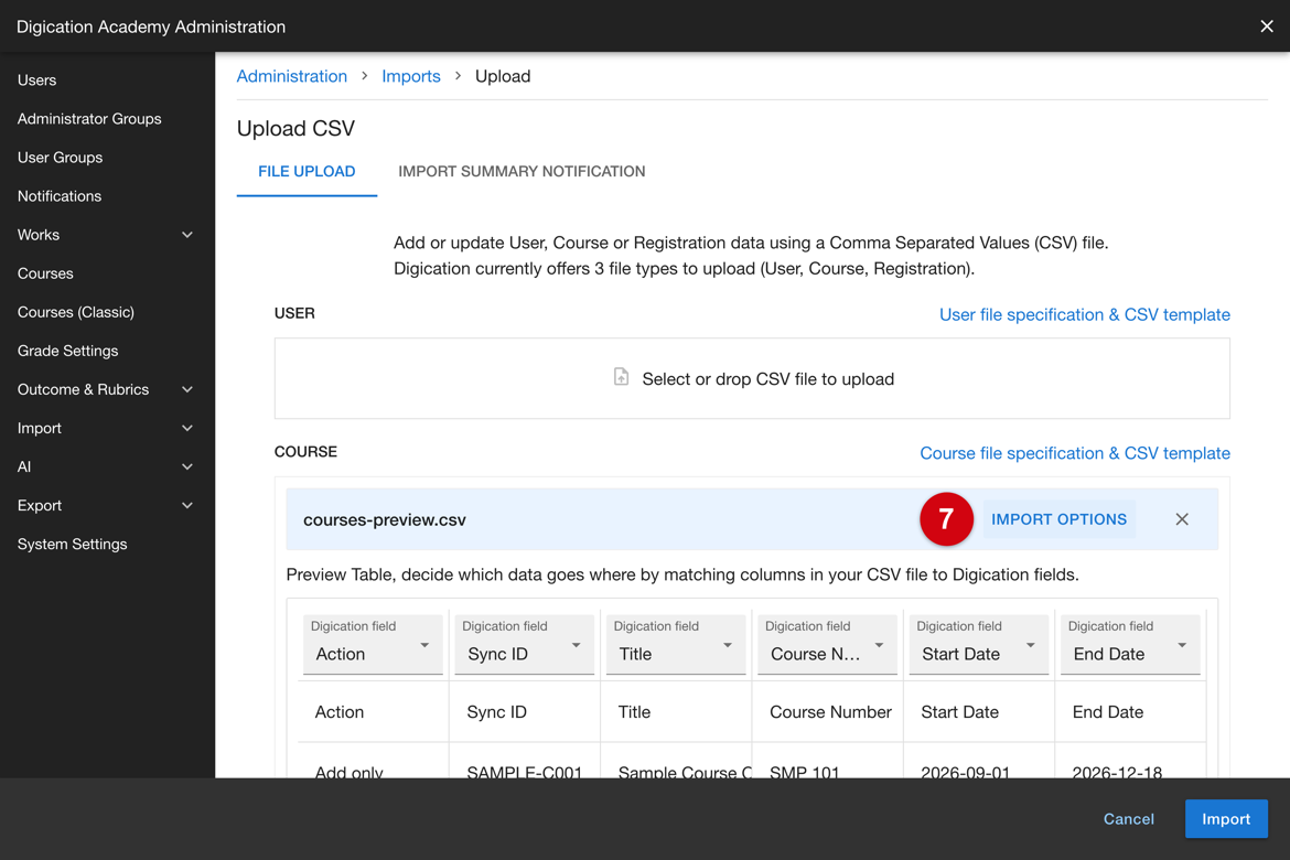 Import Options control on the uploaded course file