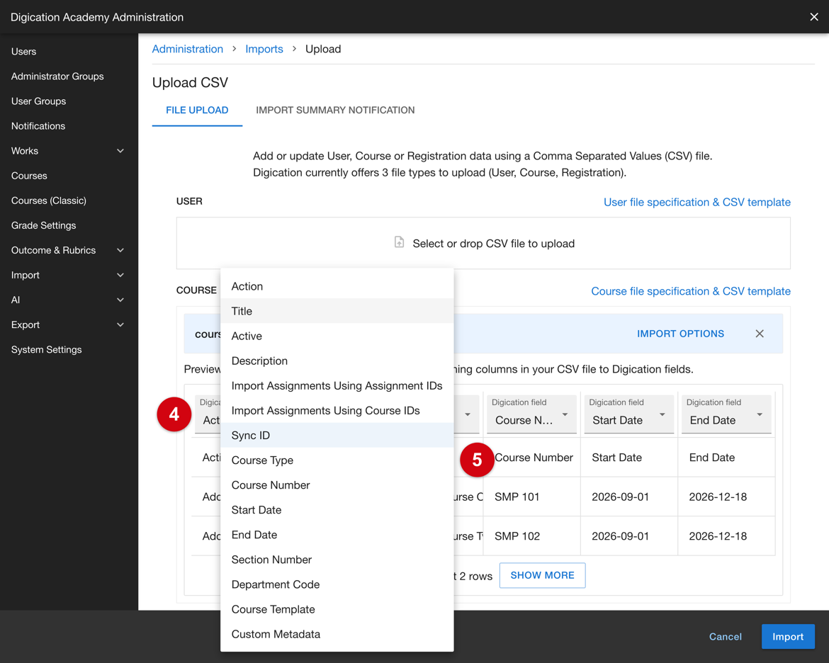Digication field dropdown open, listing the available column headers