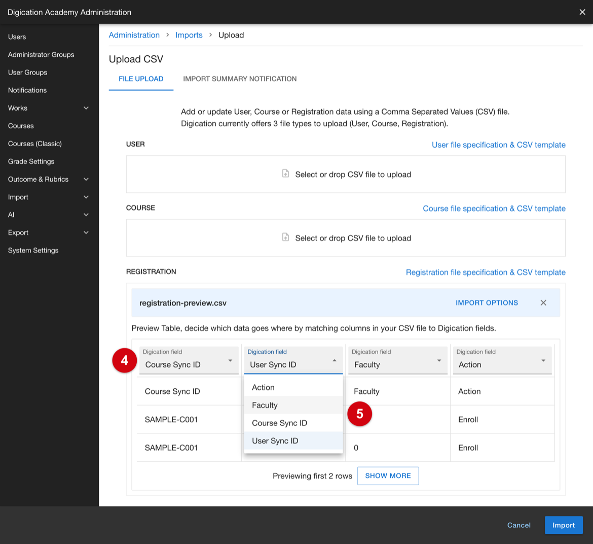 Digication field dropdown open, listing the available column headers