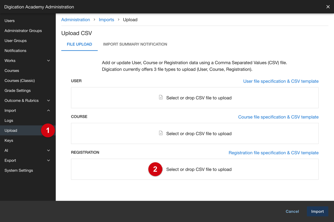 Administration sidebar with Import expanded and Upload selected, and the Registration drop area