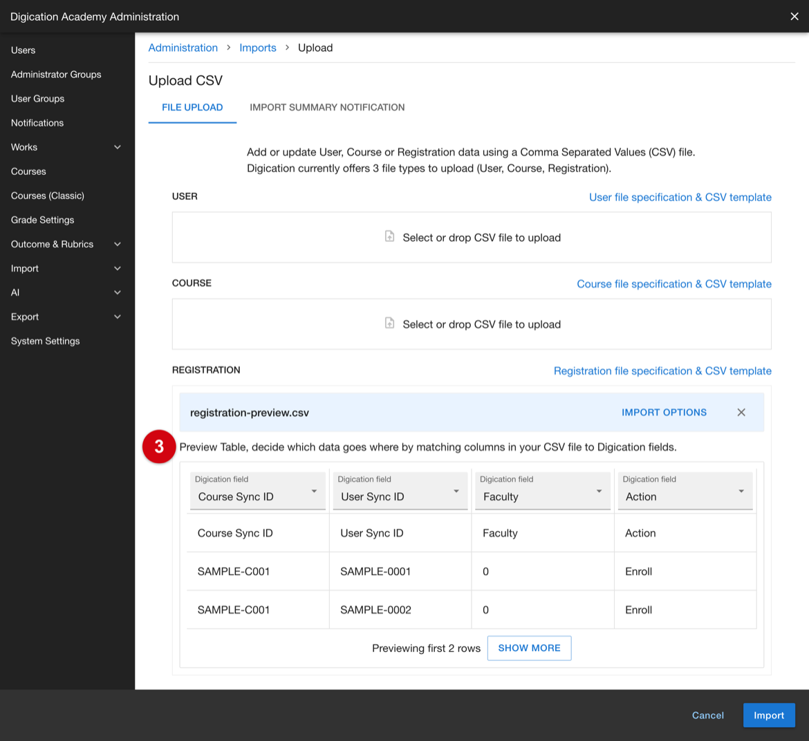 Preview of the first rows of the uploaded file