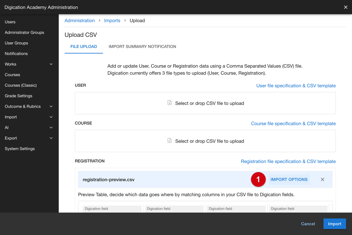 Import Options control on the uploaded registration file