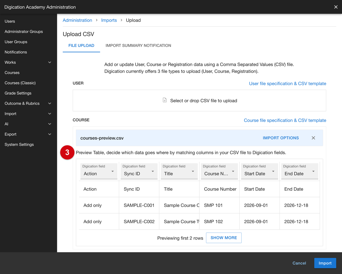 Preview of the first rows of the uploaded file