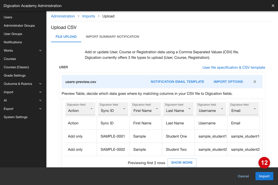 Import control enabled once the file has no problems
