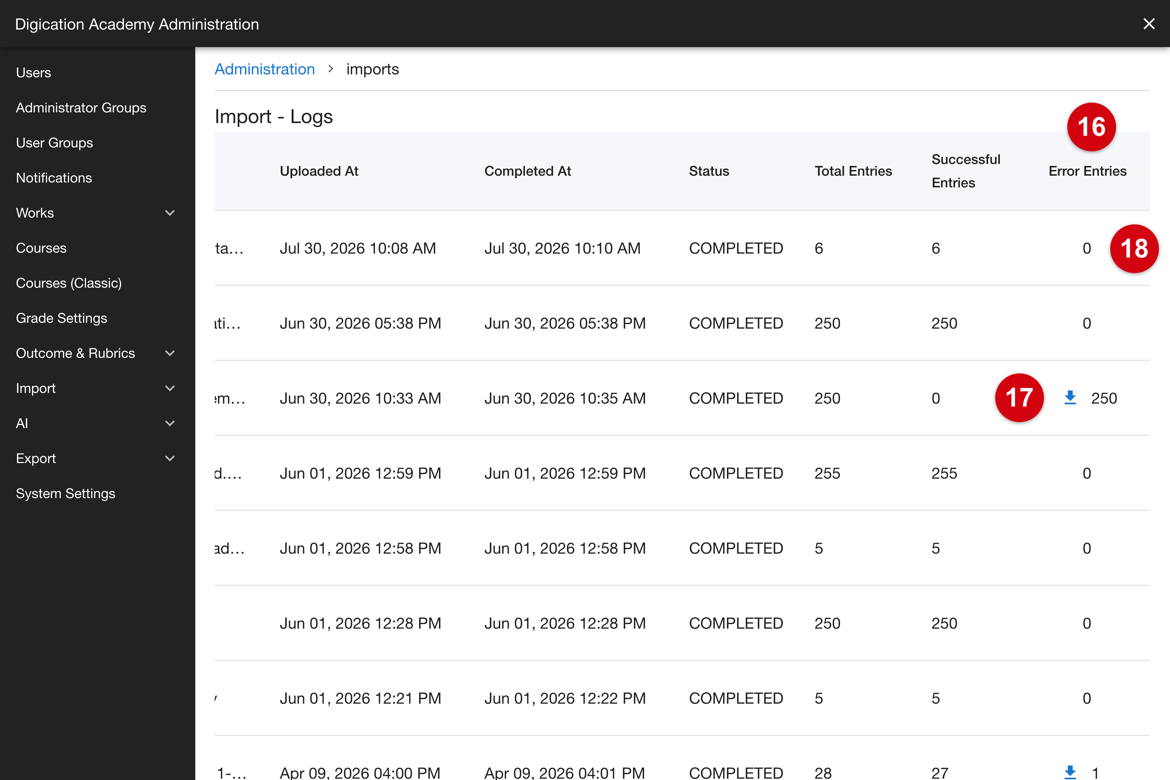 Error Entries column, with a download icon beside a non-zero error count and none beside zero