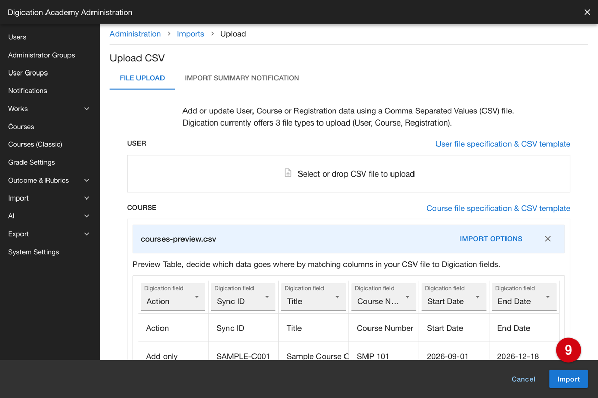 Import control enabled once the file has no problems