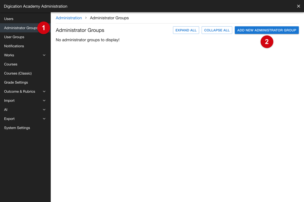 Administrator Groups page with the Add New Administrator Group control