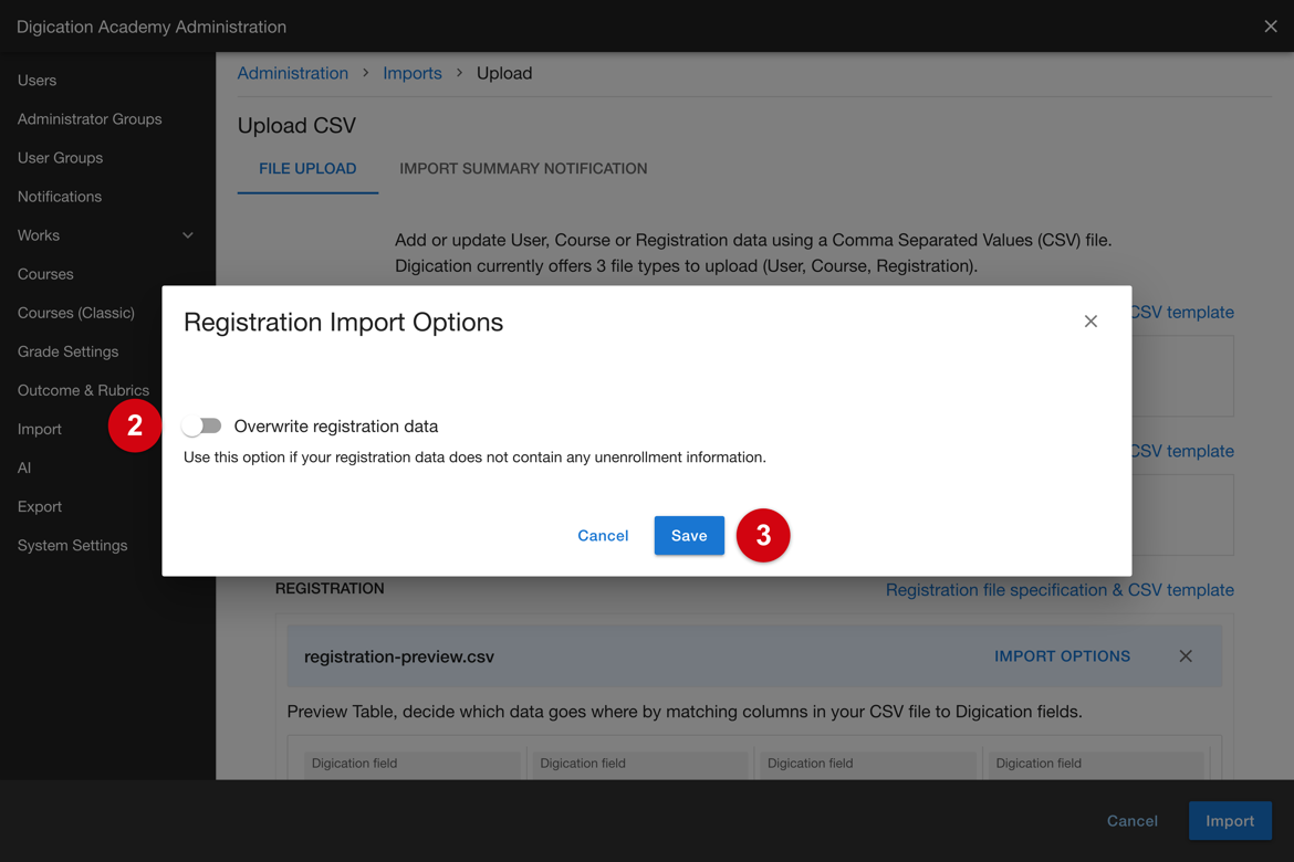 Registration Import Options with the Overwrite registration data toggle