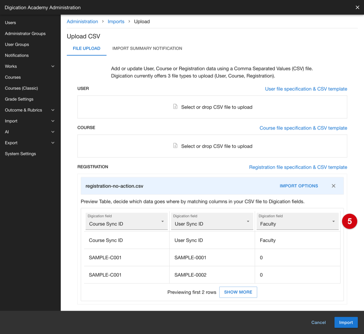 Preview of a registration file with no Action column
