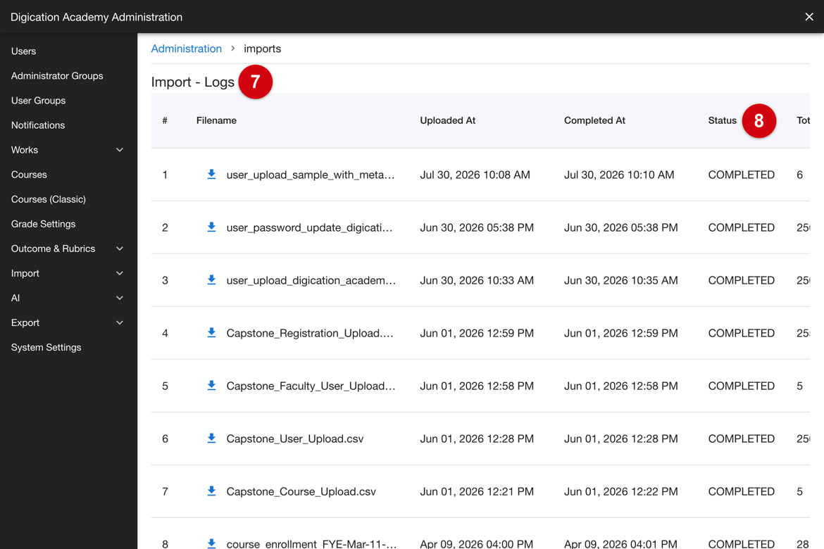 Import Logs page showing each file's status