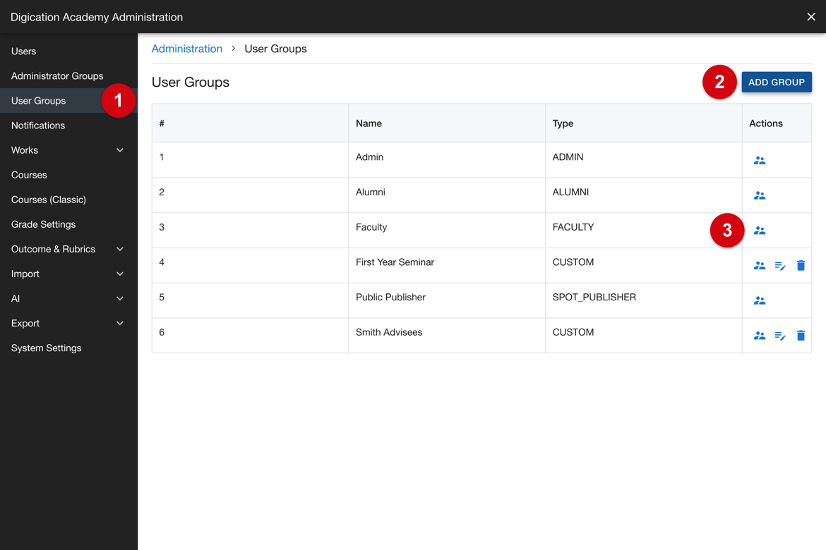 User Groups list with the Add Group control and the Users icon on each group row