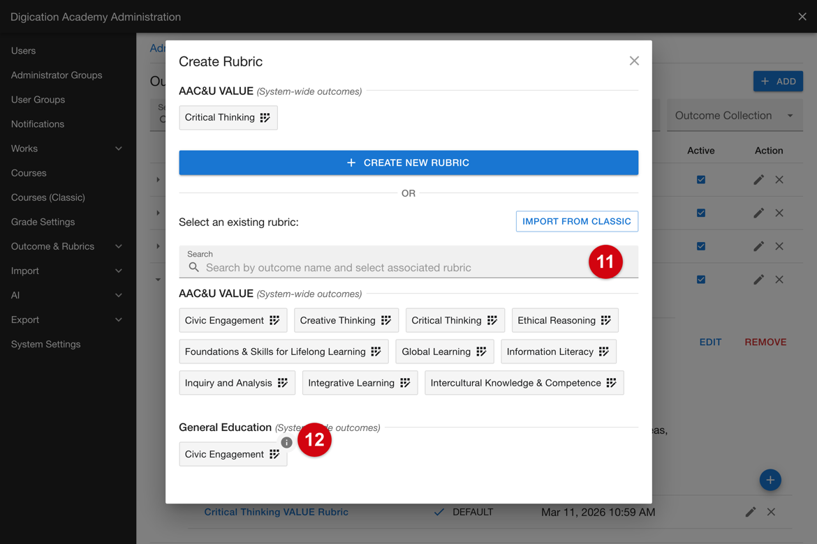 Select an existing rubric: search, and the info icon on an outcome