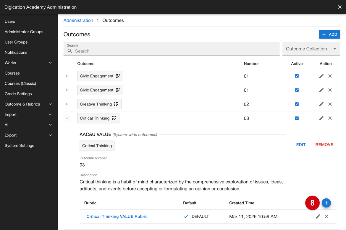 Expanded outcome with the Add Rubric control