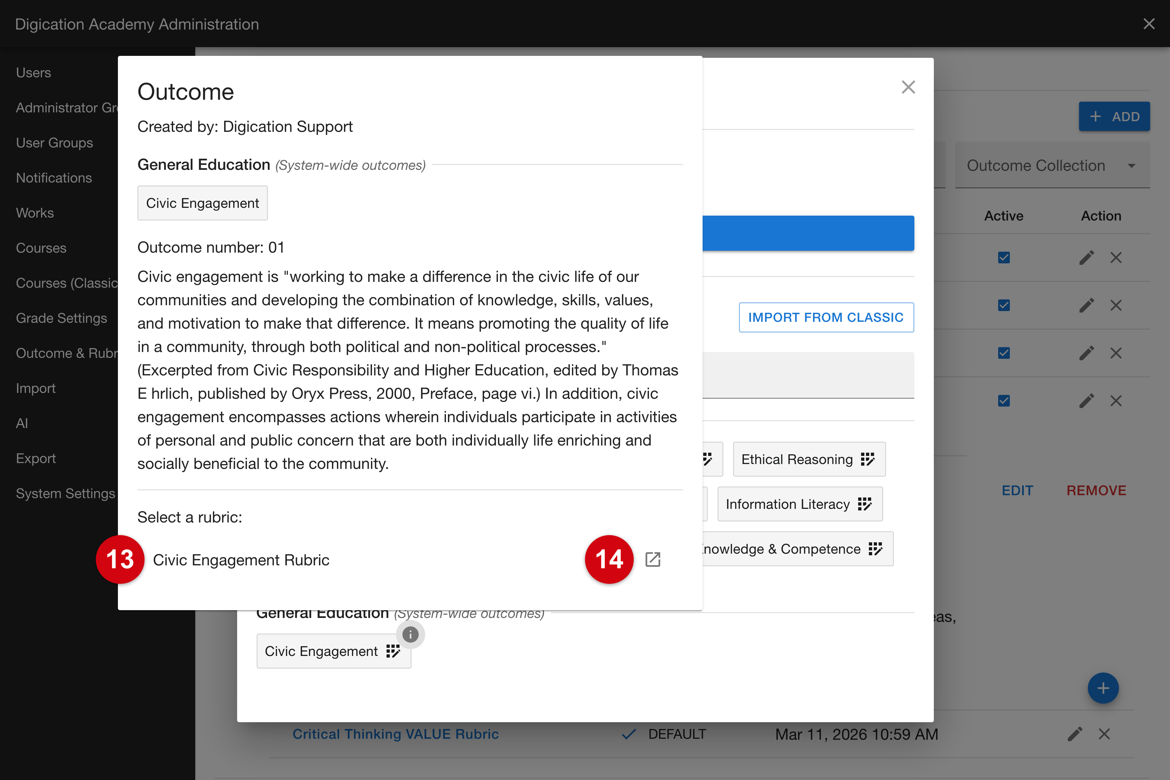 Outcome details with the rubric to select and its preview control
