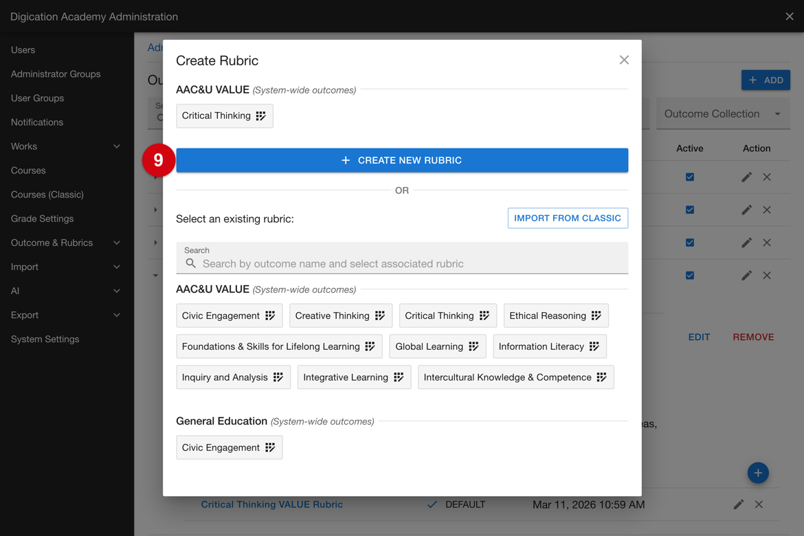 Create Rubric window with the Create New Rubric control