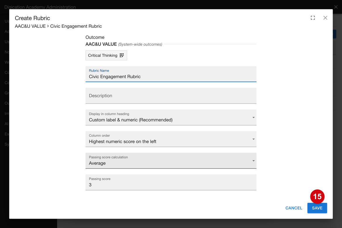 Rubric editor opened from an existing rubric, with the Save control