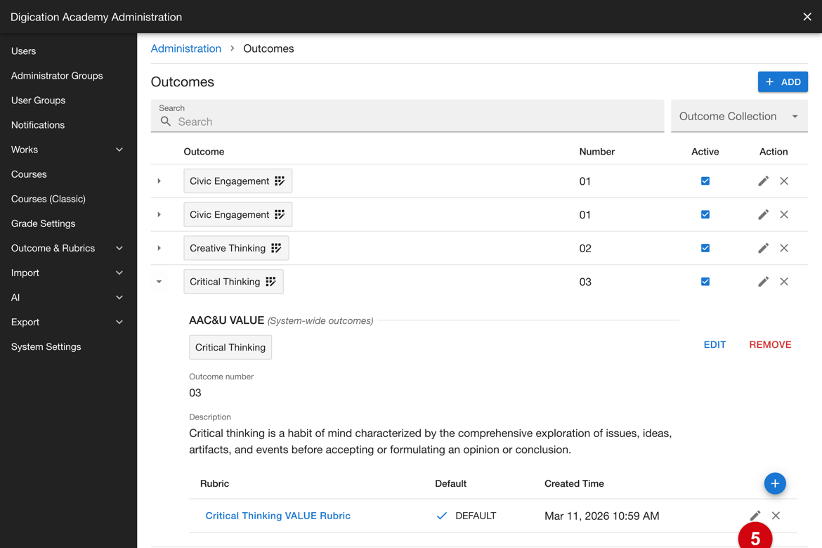 Edit control on an outcome's rubric