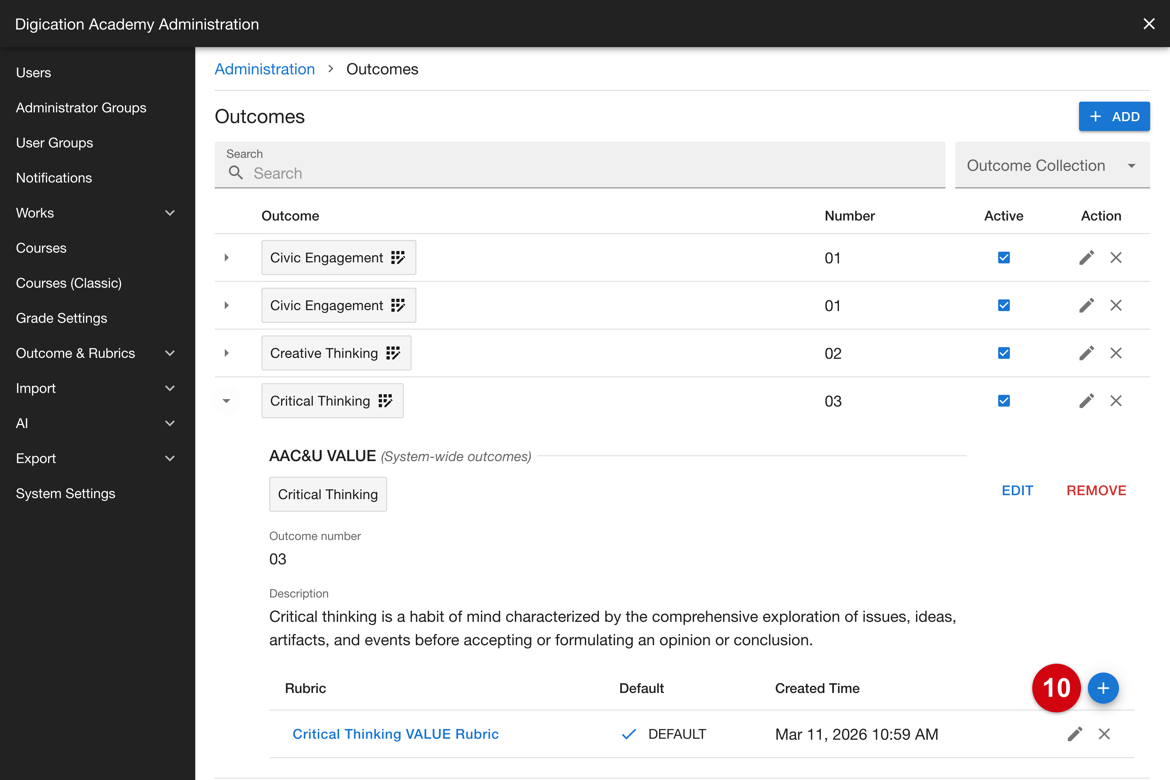 Expanded outcome with the Add Rubric control