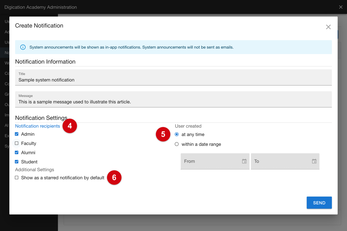 Notification settings: recipients, user created, starred, and Send