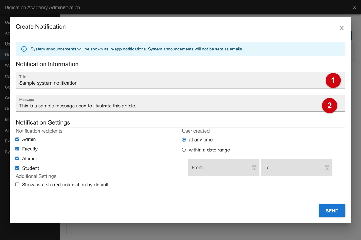Create Notification window with a title and message entered