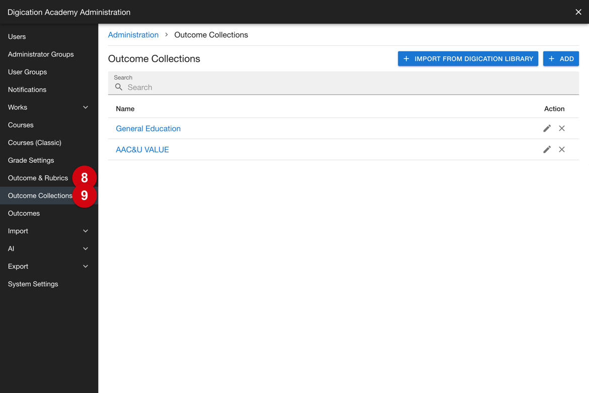 Outcome & Rubrics and Outcome Collections in the sidebar