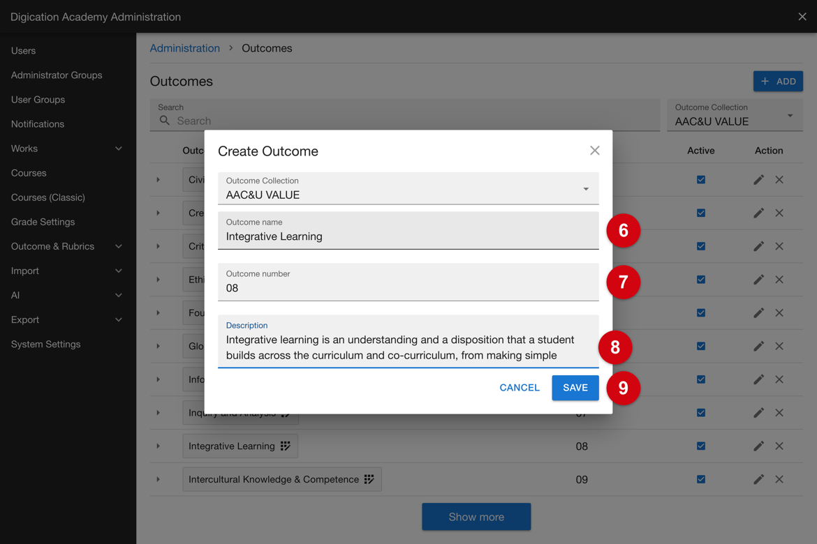 Create outcome window with the name, number and description entered