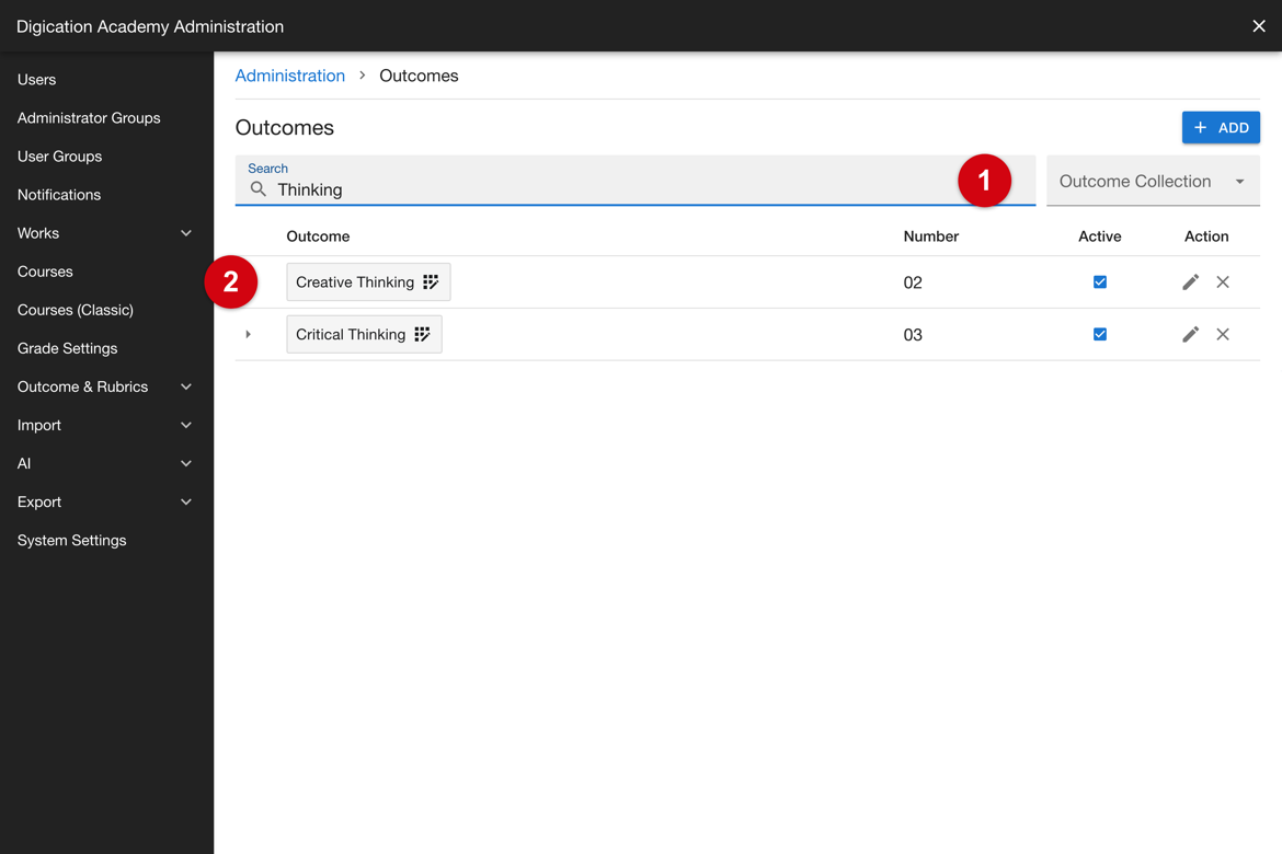 Outcomes search with matching results