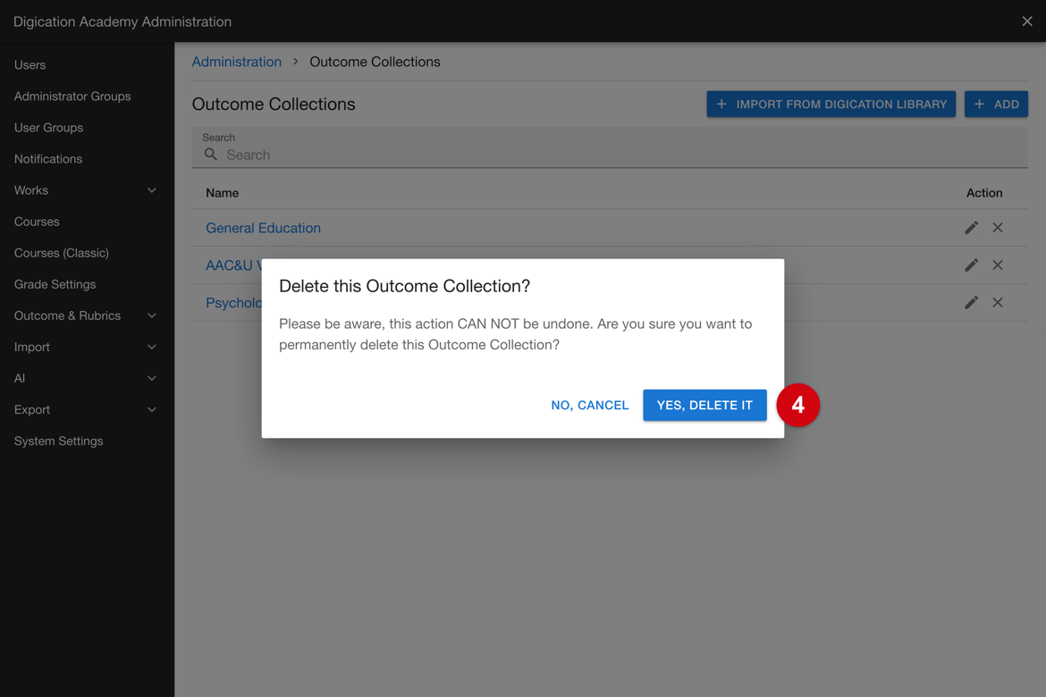 Delete confirmation for an outcome collection