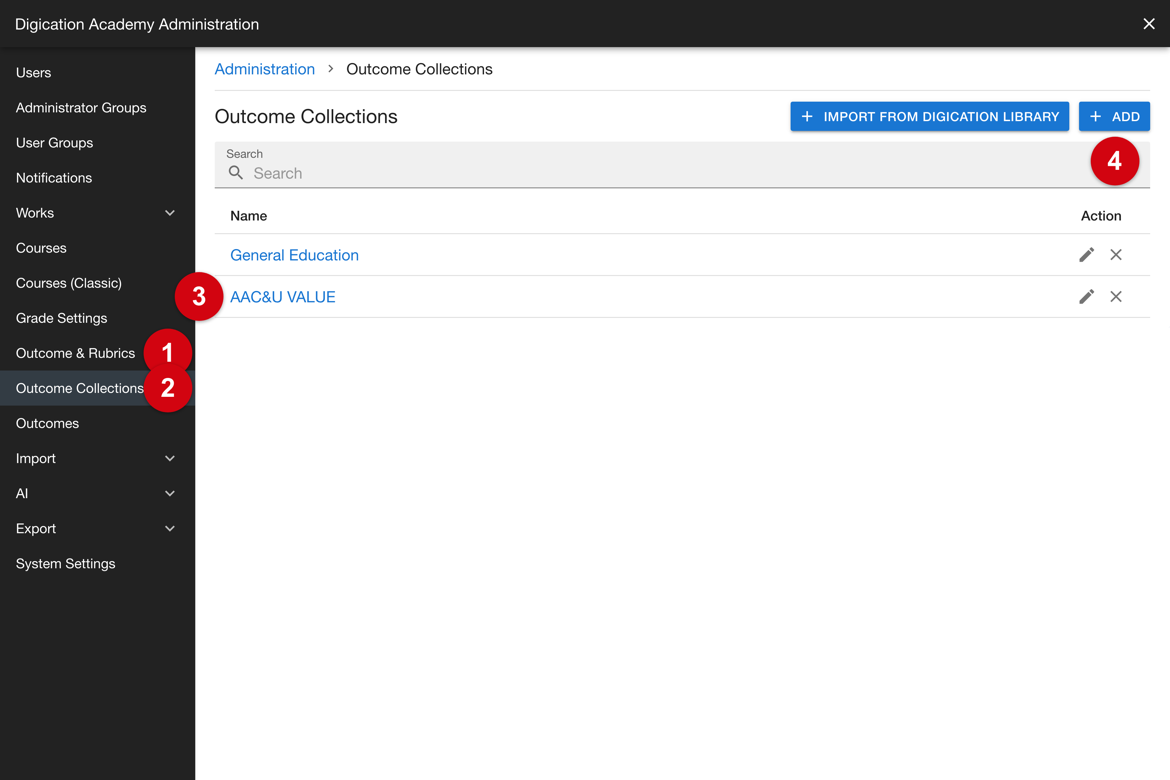 Outcome & Rubrics and Outcome Collections in the sidebar, a collection, and the Add control