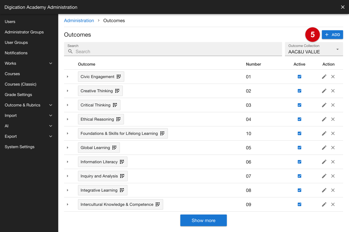 Outcomes in the selected collection, with the Add control