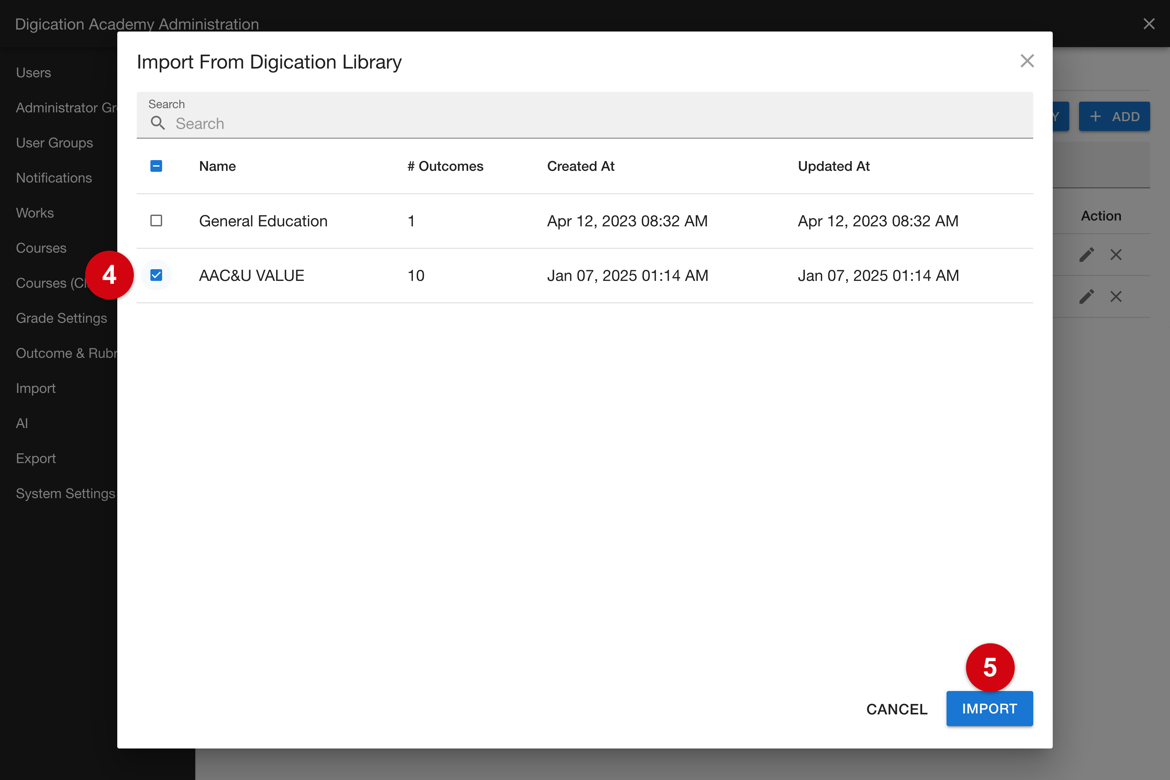 Import From Digication Library window with a collection selected