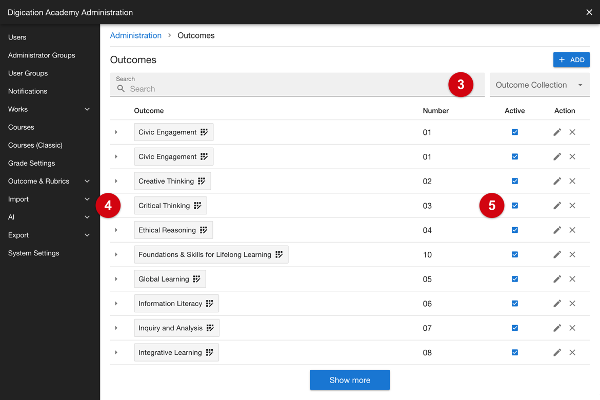 Outcomes list: search, an outcome, and its Active setting