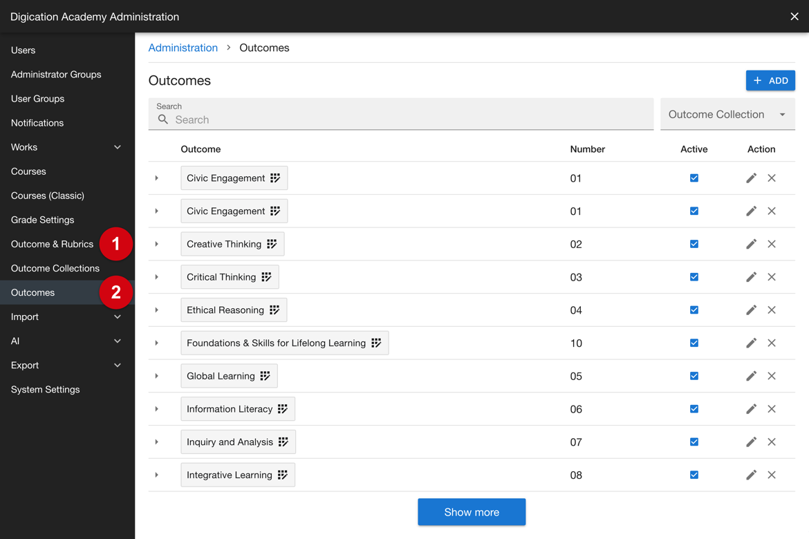 Outcome & Rubrics and Outcomes in the sidebar