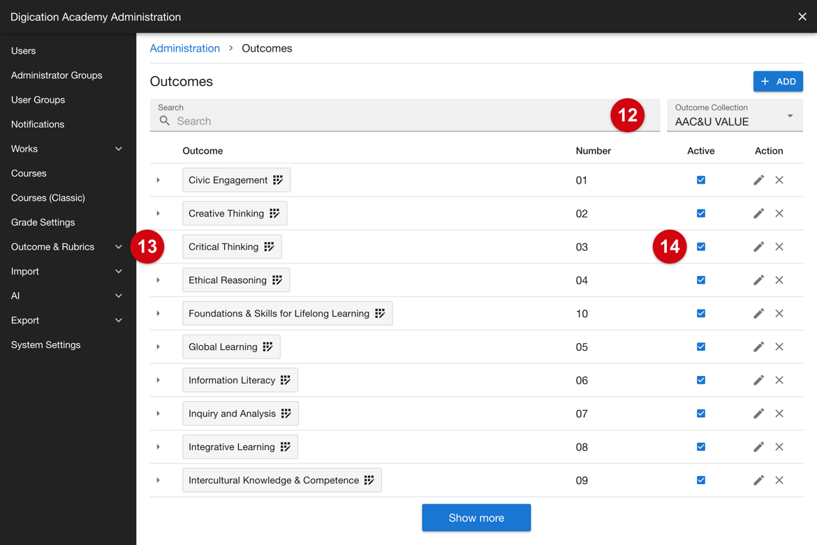 Outcomes in a collection: search, an outcome, and its Active setting
