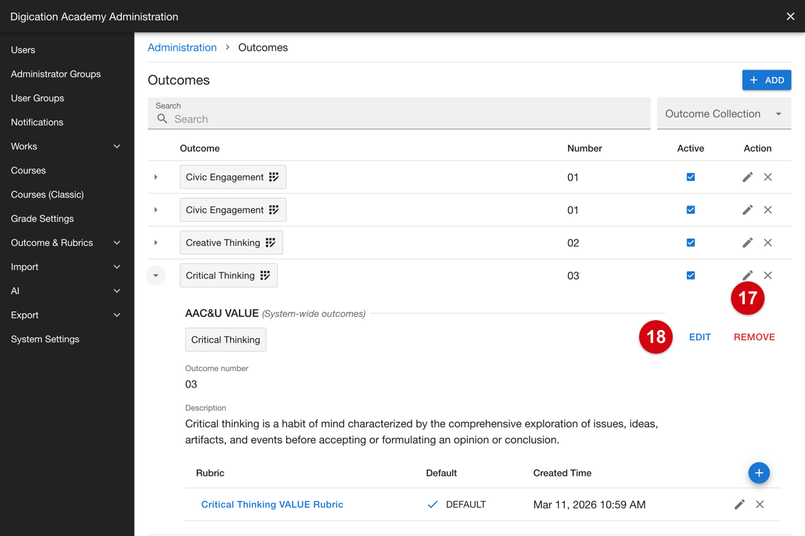 Edit controls in the outcome list and in the expanded outcome