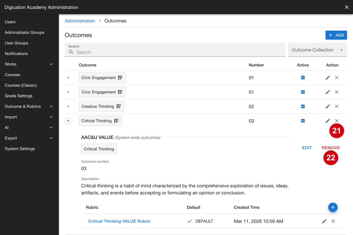 Delete controls in the outcome list and in the expanded outcome